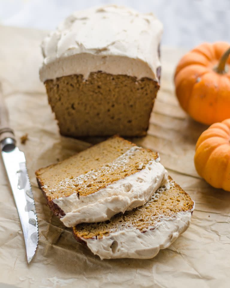 <p>Yes, this bread recipe has some healthier ingredient swaps, but you simply can't skimp on the cinnamon-maple cream cheese frosting.</p><p><strong><a href="https://www.thepioneerwoman.com/food-cooking/recipes/a100367/healthier-pumpkin-bread/" rel="nofollow noopener" target="_blank" data-ylk="slk:Get the recipe.;elm:context_link;itc:0;sec:content-canvas" class="link ">Get the recipe.</a></strong> </p>
