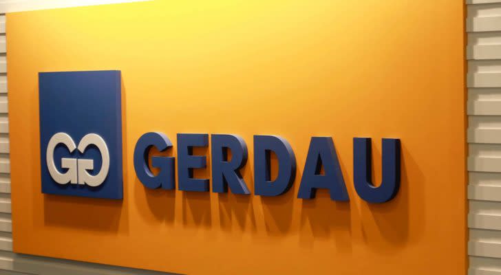 A close-up shot of the Gerdau (GGB) office sign in Sao Paolo, Brazil.