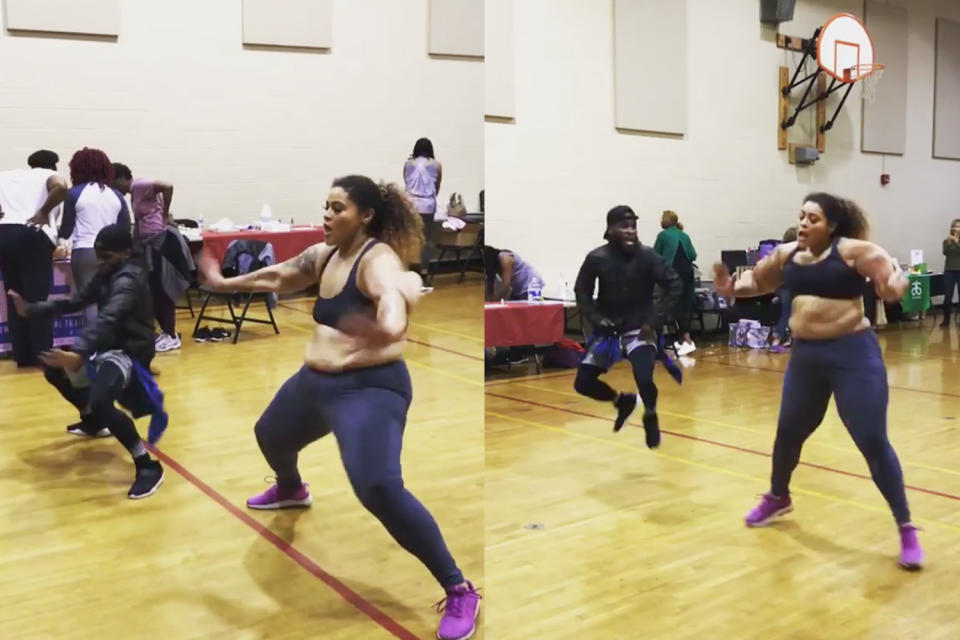 Dance Your Pounds Off instructor Brandi Mallory during a dance off with her colleague that went viral. (Photo: Instagram/brandimallory)