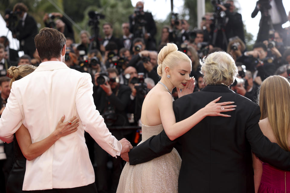 Elsa Pataky, from left, Chris Hemsworth, Anya Taylor-Joy, director George Miller, and Alya Browne pose for photographers upon arrival at the premiere of the film 'Furiosa: A Mad Max Saga' at the 77th international film festival, Cannes, southern France, Wednesday, May 15, 2024. (Photo by Vianney Le Caer/Invision/AP)
