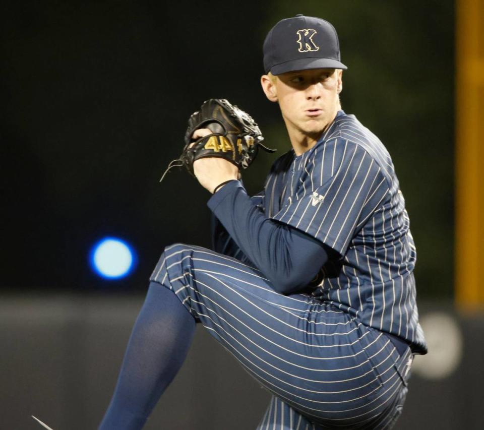 Keller pitcher Mason Cook(13) works the fifth inning during the Conference 6A Region 1 Semi-final baseball playoffs at Dallas Baptist University in Dallas, Texas, Friday May 24, 2024.