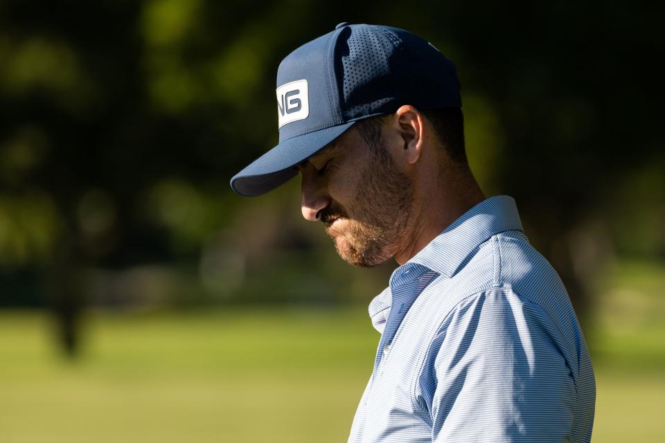 Christopher Petefish looks disappointed after a hit on the 18th hole during the Utah Championship, part of the PGA Korn Ferry Tour, at Oakridge Country Club in Farmington on Sunday, Aug. 6, 2023. Petefish finished second place with -23. | MEGAN NIELSEN, Megan Nielsen, Deseret News