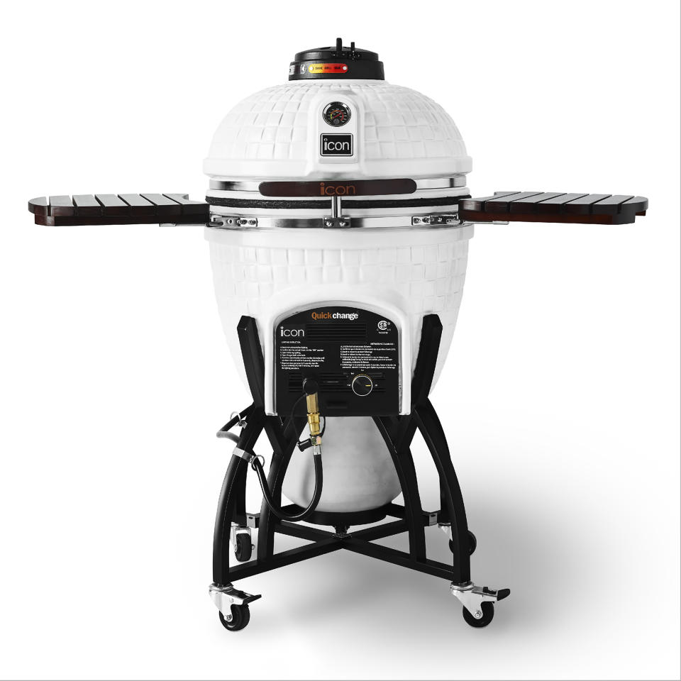 This photo provided by Williams Sonoma shows the Icon Hybrid Kamado Grill. Many serious grill enthusiasts opt for the kamado style grill – the word means 'stove' in Japanese – that has a distinctive oval shape. With top and bottom vents, these grills have thick ceramic heat-trapping walls that make them heat up quickly, and work much like convection ovens. This hybrid kamado grill, available only at Williams Sonoma, takes either charcoal or gas. Its white exterior makes it look a little like R2D2. (Williams Sonoma via AP)