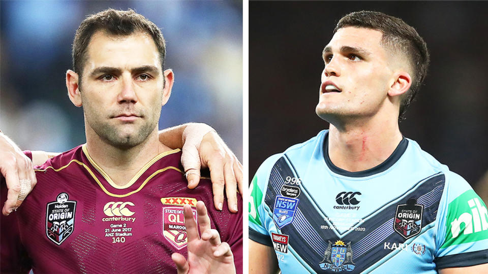 Cameron Smith (pictured left) during state of Origin and Nathan Cleary (pictured right) during a game.