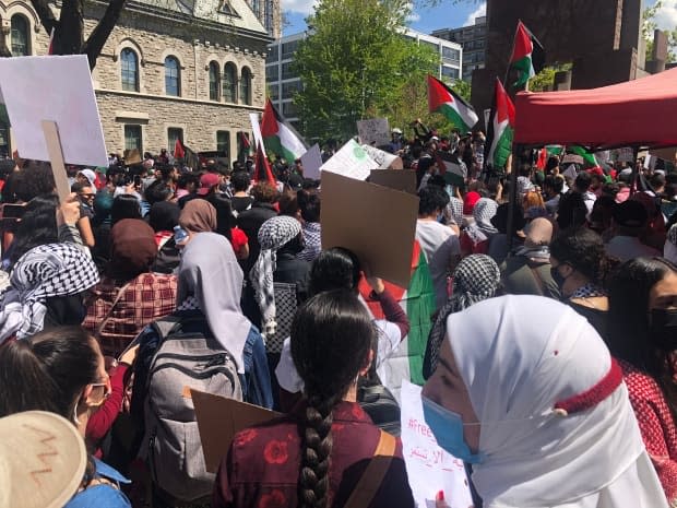 Hundreds of people hold signs and wave Palestinian flags at a rally near the Human Rights Monument in downtown Ottawa on Saturday.