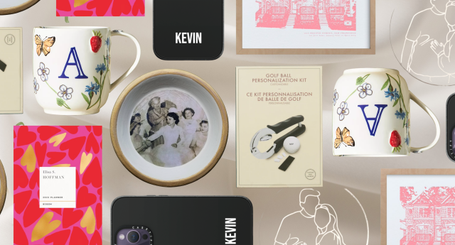 collage of valentine&#39;s day gifts for men and women: custom phone case, custom trinket dish, monogrammed mug, custom keychain, custom art, custom notebook