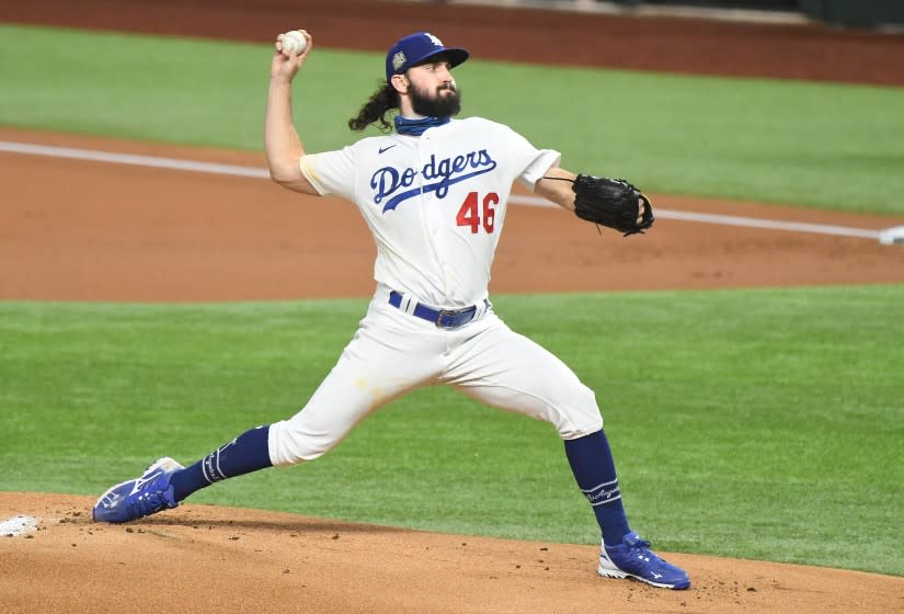 ARLINGTON, TEXAS OCTOBER 27, 2020-dodgerspitcher Tony Gonsolin trows a pitch inthe 1st inning.