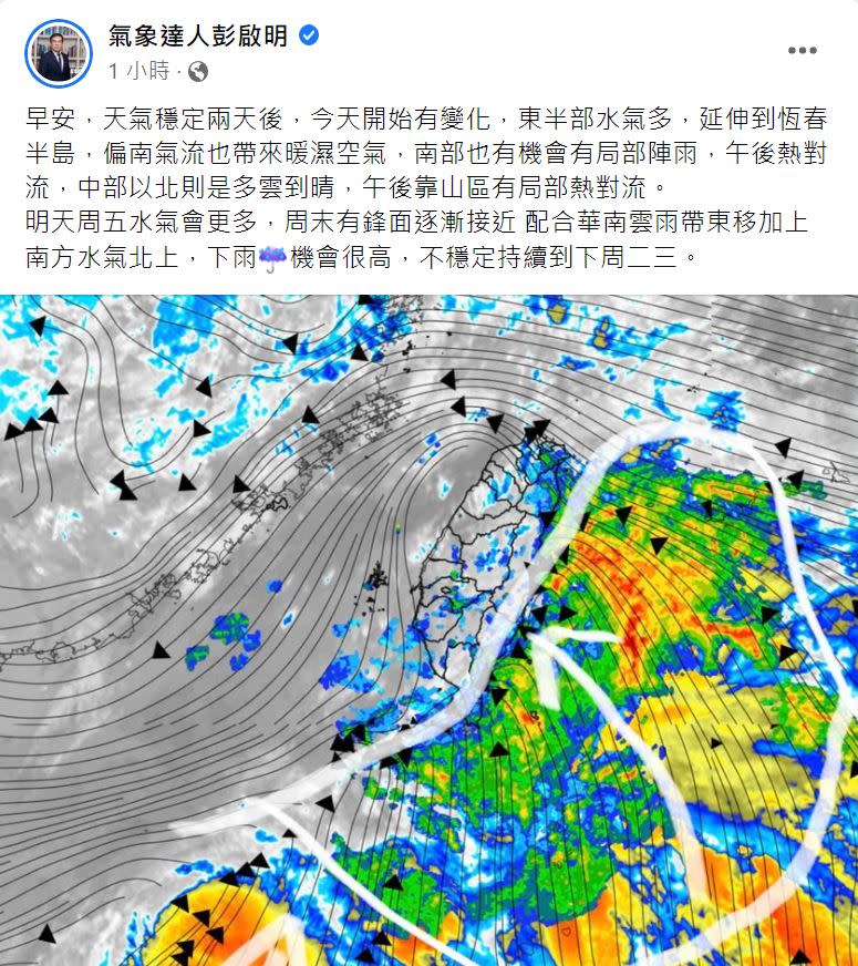 彭啟明直言，今日開始有變化。（圖／翻攝自氣象達人彭啟明臉書）