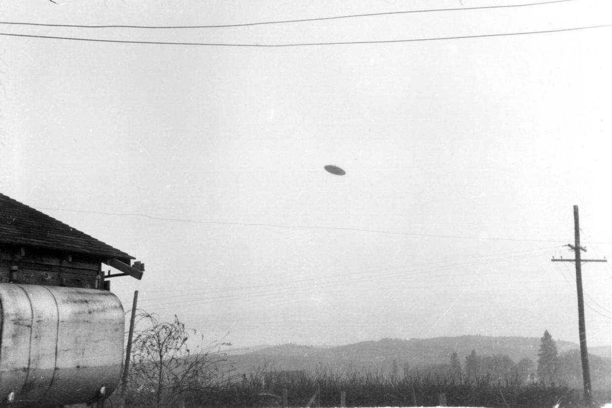<span>One of the famous McMinnville UFO photographs, taken near McMinnville, Oregon, on 11 May 1950.</span><span>Photograph: Science History Images/Alamy</span>