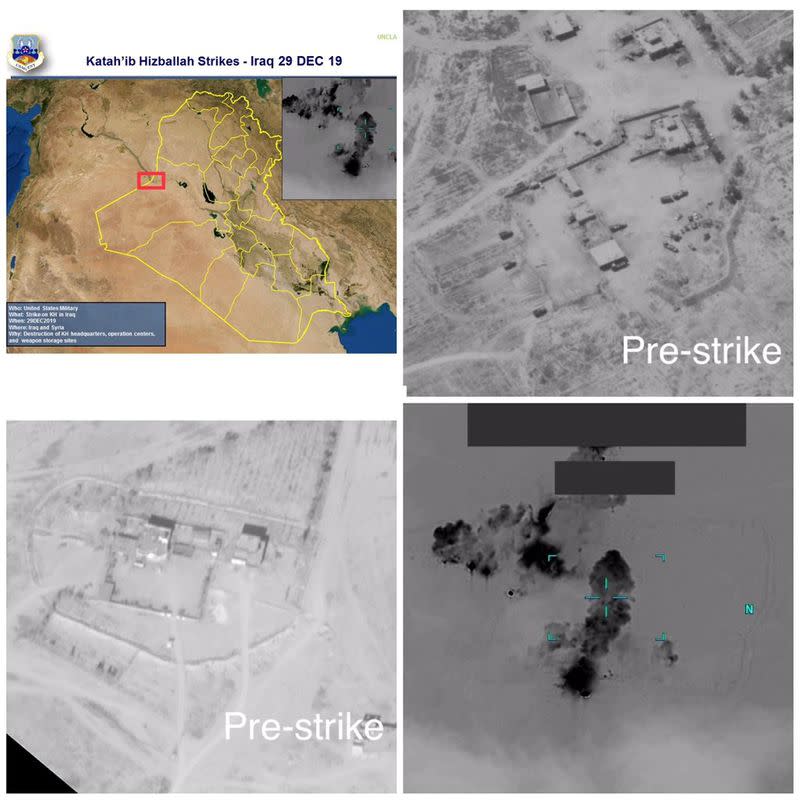 Una combinación de imágenes muestra lo que las fuerzas armadas estadounidenses dicen que son bases del grupo de milicias Kataib Hezbollah que fueron atacadas por las fuerzas estadounidenses, en la ciudad de Al-Qa'im