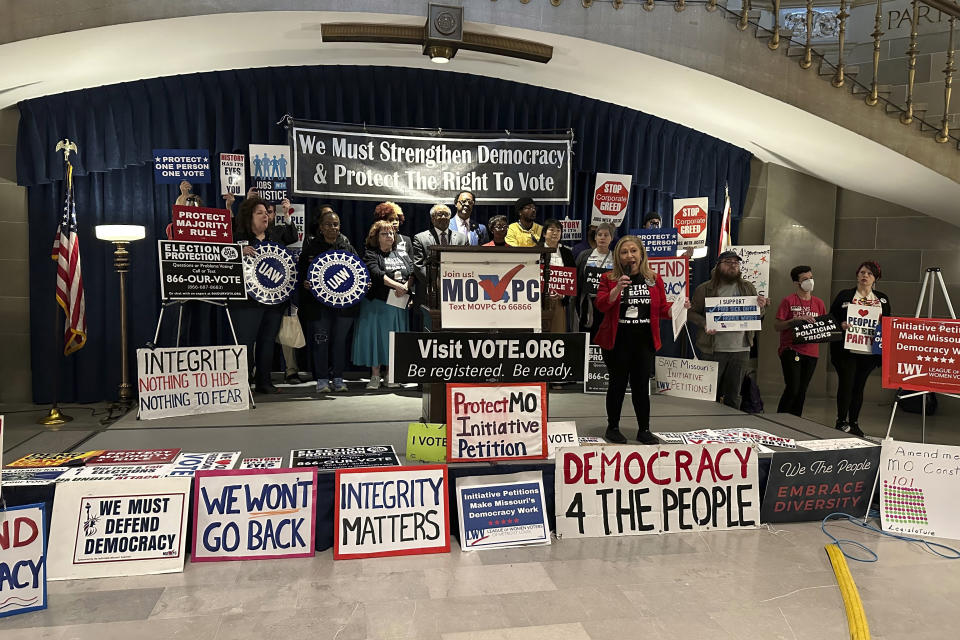 About 100 advocates gathered Tuesday, Jan. 30, 2024, at the Missouri Capitol in Jefferson City, Mo., to fight lawmaker efforts to make it harder to amend Missouri's constitution. (AP Photo/Summer Ballentine)