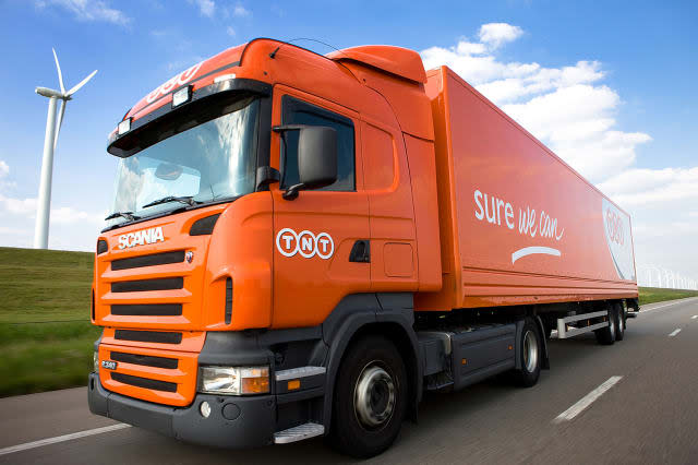 Undated handout photo issued by TNT of a TNT Express lorry, as the parcel delivery firm is set for a takeover by rival FedEx after the Dutch firm backed an offer worth 4.4 billion euro (ï¿½3.2 billion). PRESS ASSOCIATION Photo. Issue date: Tuesday April 7, 2015. The two companies want to combine TNT's European road operations and FedEx's strength in other regions such as North America and Asia. See PA story CITY TNT. Photo credit should read: Hans de Kort/TNT/PA WireNOTE TO EDITORS: This handout photo may only be used in for editorial reporting purposes for the contemporaneous illustration of events, things or the people in the image or facts mentioned in the caption. Reuse of the picture may require further permission from the copyright holder.