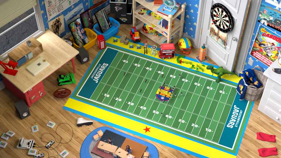 The Jaguars-Falcons game will be recreated in Andy's Room from the 'Toy Story' films.