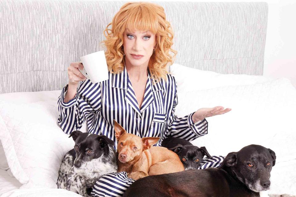 <p>Jen Rosenstein for PETA</p> Kathy Griffin with her four rescue dogs in PETA