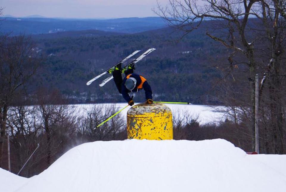 Wachusett public relations manager and terrain park director Chris Stimpson at the Wachusett terrain park last winter, complete with quite a view.