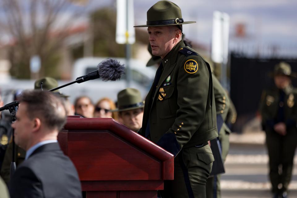 El Paso Chief Patrol Agent Anthony "Scott" Good speaks at a ceremony where the El Paso Sector unveiled a memorial honoring fallen agents on Wednesday, Jan. 24, at the El Paso Sector Headquarters.