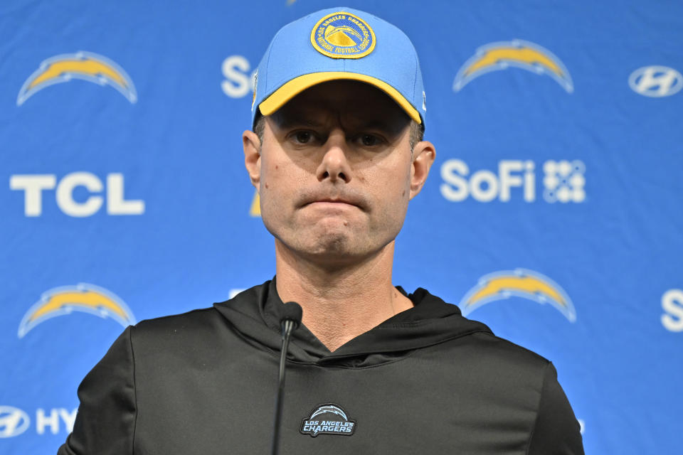 FILE - Los Angeles Chargers head coach Brandon Staley attends a post game news conference after an NFL football game, Thursday, Dec. 14, 2023, in Las Vegas. Coach Brandon Staley and general manager Tom Telesco were fired by the Los Angeles Chargers on Friday morning, Dec. 15 2023, after one of the worst losses in franchise history. (AP Photo/David Becker, FIle)