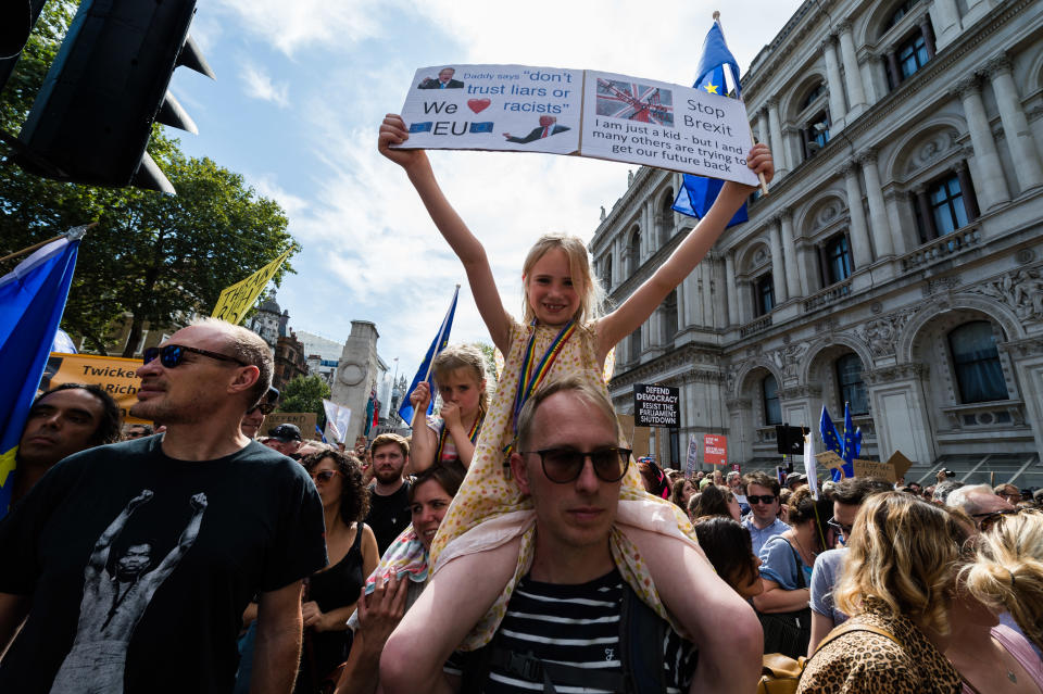 Thousands of demonstrators gather outside Downing Street on 31 August, 2019 in London, England to take part in Stop the Coup protests against the prorogation of the UK Parliament. Hundreds of thousands of people across major cities in the UK are expected to join protests against Boris Johnson's plans to suspend parliament for five weeks ahead of a Queens Speech on 14 October, which has limited the time available for MPs to legislate against a no-deal Brexit with the UK is set to leave the EU on the 31 October. (Photo by WIktor Szymanowicz/NurPhoto via Getty Images)