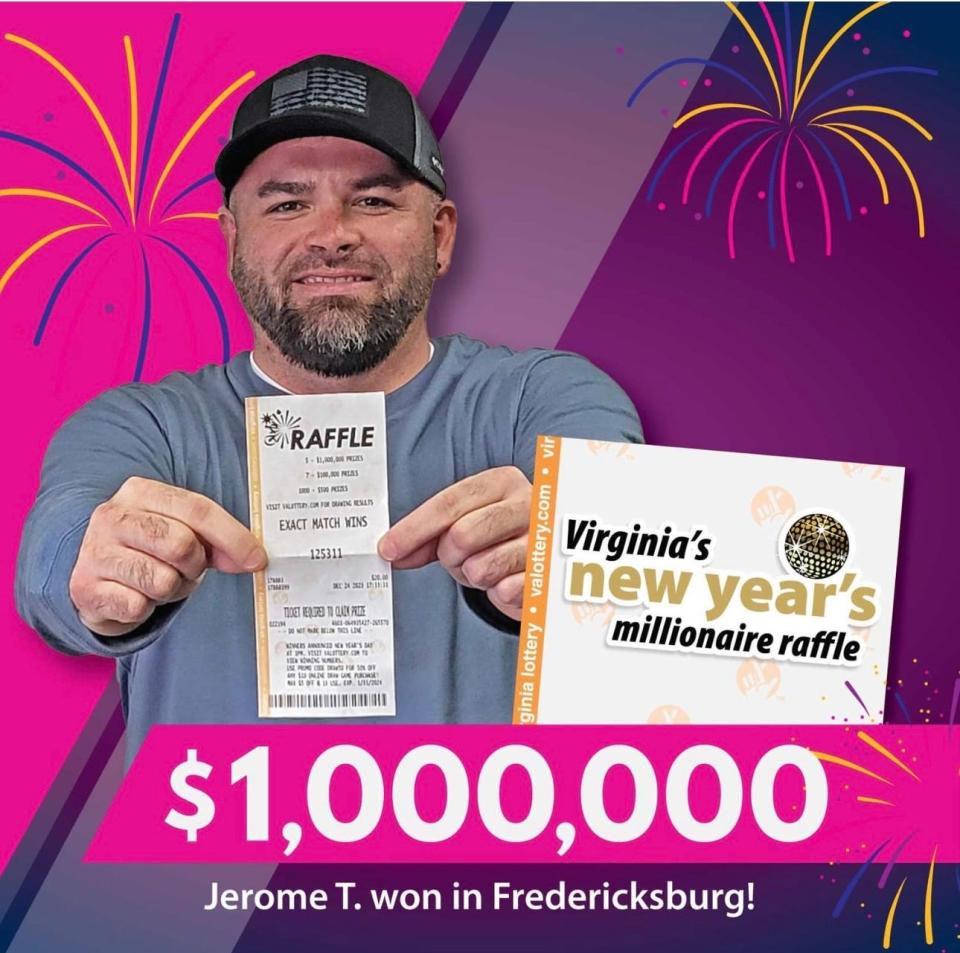 The Virginia Lottery announced Jerome T. of Fredericksburg as the $1 million prize winner in the New Year's Millionaire Raffle.