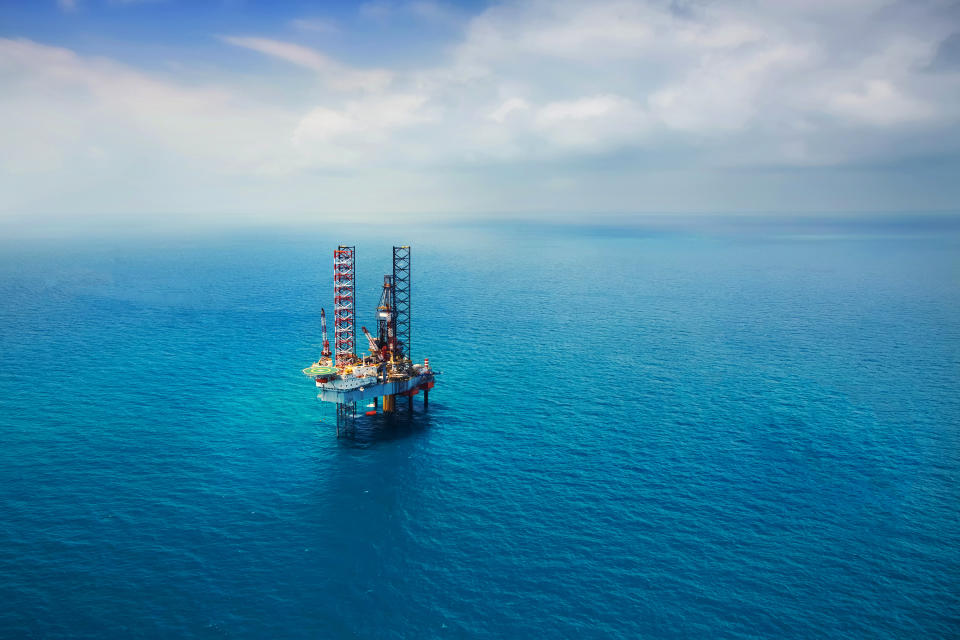 Offshore oil rig in the gulf view from aerial