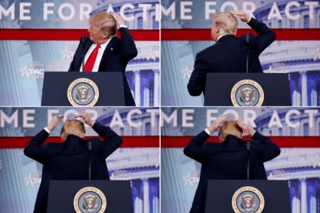 A combination picture shows U.S. President Donald Trump pretending to smooth his hair as he speaks at the Conservative Political Action Conference (CPAC) at National Harbor, Maryland, U.S., February 23, 2018. REUTERS/Joshua Roberts