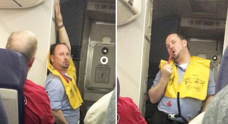 The flight attendant performed the safety routine as a dance. [Photo: Caters]