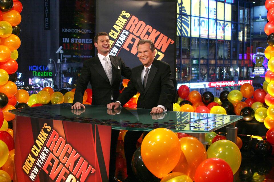 Dick Clark (R) welcomes in 2007 from Times Square in New York City with Ryan Seacrest.
