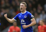 <p>Everton’s Matthew Pennington celebrates scoring his side’s first goal, during the English Premier League soccer match between Liverpool and Everton, at Anfield, in Liverpool, England, Saturday April 1, 2017. (Peter Byrne/PA via AP) </p>