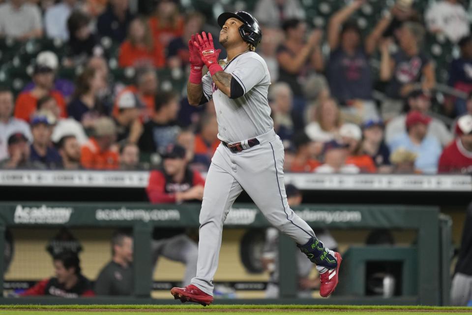 Cleveland Guardians' Jose Ramirez looks skyward after hitting a solo home run against the Houston Astros during the first inning of a baseball game Tuesday, May 24, 2022, in Houston. (AP Photo/Eric Christian Smith)