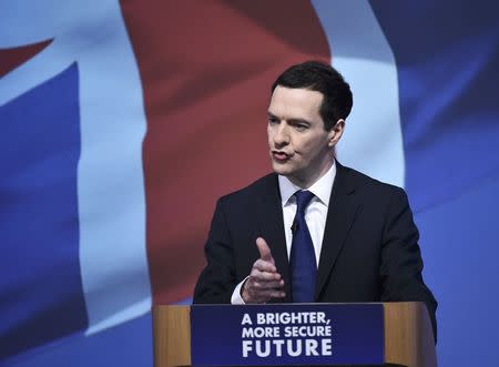 Britain's Chancellor of the Exchequer George Osborne speaks before the launch of the Conservative Party's manifesto in Swindon, western England, April 14, 2015. REUTERS/Toby Melville