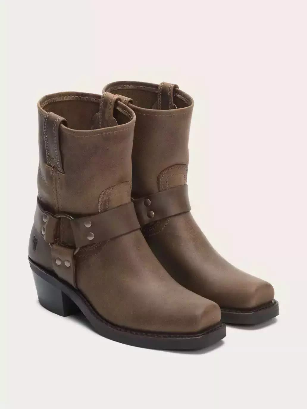 Frye harness women's boots in medium brown leather and low chunky heel.