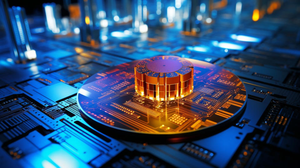 A semiconductor wafer at various stages of fabrication, showing the company's range of expertise.