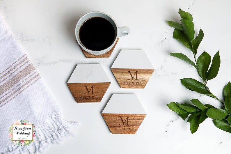 Personalized Wood and Marble Coaster Set