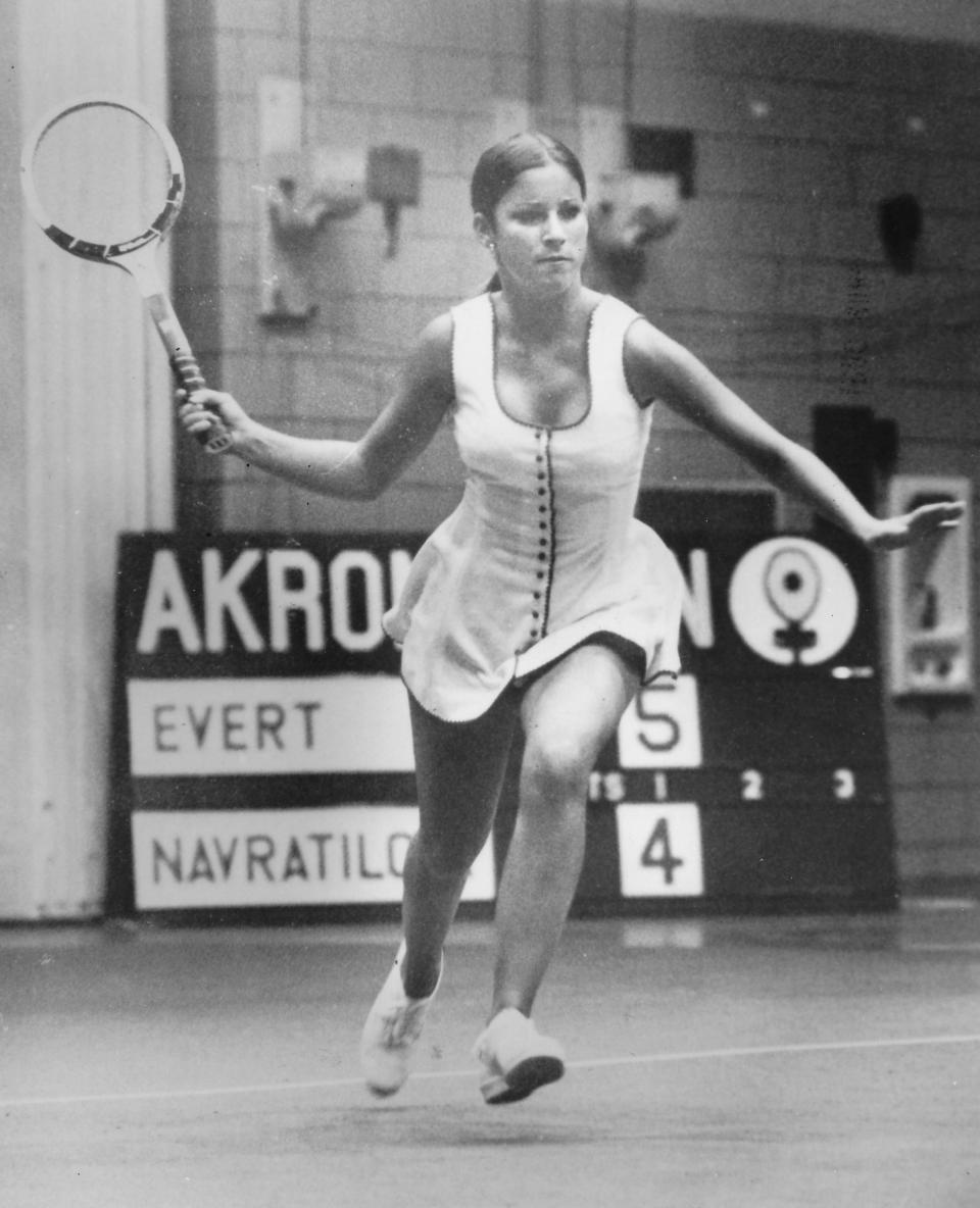 Chris Evert prepares to return the ball to Martina Navratilova on March 22, 1973, at Memorial Hall in Akron.