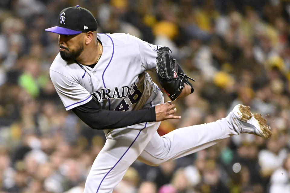 Colorado Rockies starting pitcher German Marquez throws to a San Diego Padres batter during the third inning of a baseball game in San Diego, Thursday, March 30, 2023. (AP Photo/Alex Gallardo)