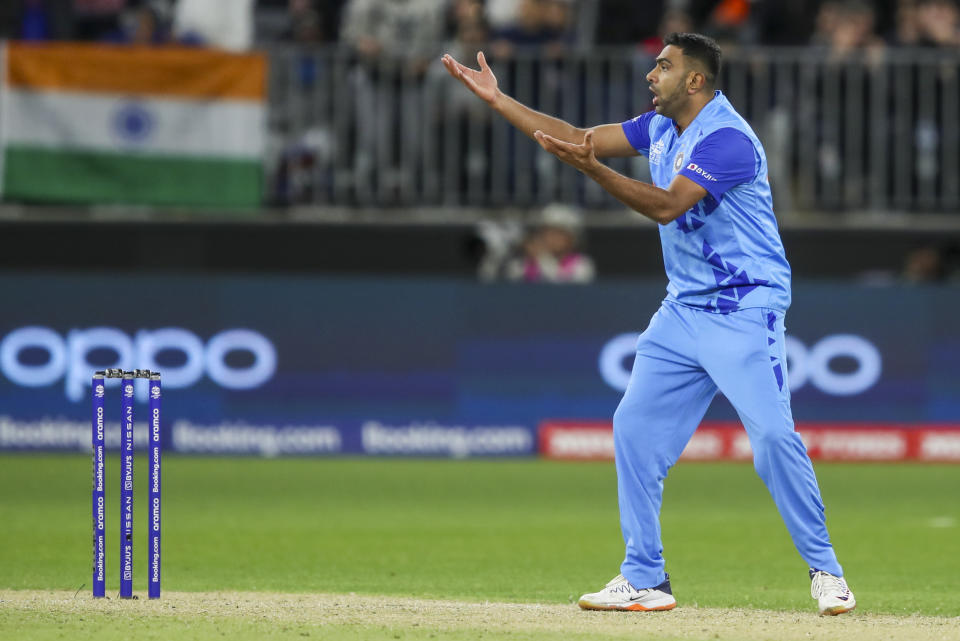 India's Ravichandran Ashwin reacts after Virat Kohli drops a catch during the T20 World Cup cricket match between the India and South Africa in Perth, Australia, Sunday, Oct. 30, 2022. (AP Photo/Gary Day)