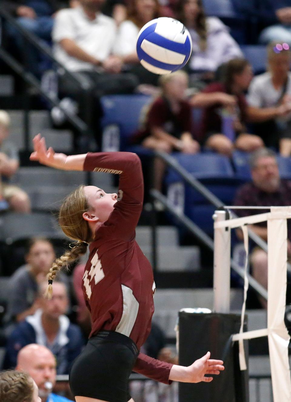 Edmond Memorial's Kathrin Rowe spikes the ball during last year's Class 6A state volleyball match against Jenks.