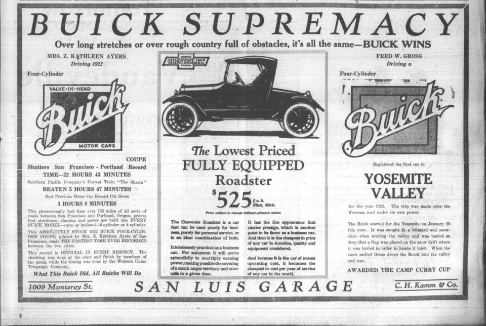 San Luis Obispo Daily Telegram page 3 ad that advertises Buick and talks about travel to Yosemite 1922-05-06.