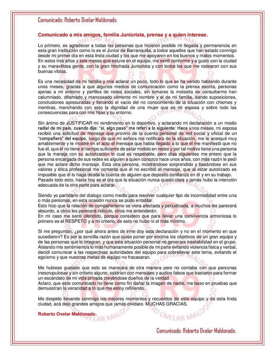 Carta de Roberto Ovelar publicada el viernes 15 de diciembre en su cuenta de Twitter @RobertoOvelarM (Twitter)