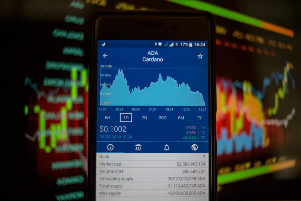 Bangkok, Thailand - 08/30/2018: In this photo illustration, the smartphone shows the market capitalization of Cardano on the exchange via Crypto app.  (Image illustration by Guillaume Payen/SOPA Images/LightRocket via Getty Images)