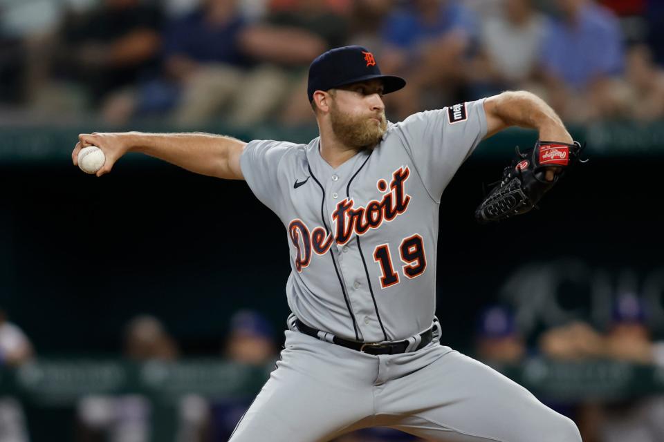 Detroit Tigers relief pitcher Will Vest (19) throws a pitch against the Texas Rangers in the second inning at Globe Life Field in Arlington, Texas, on Monday, June 26, 2023.