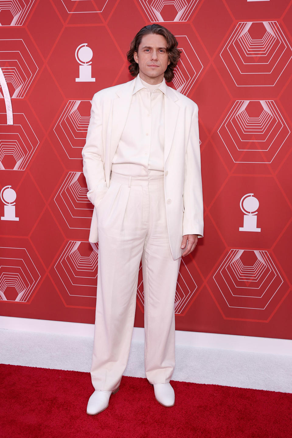 <p>Tveit, is the only actor nominated in the best leading actor category for his performance in <em>Moulin Rouge, </em>wore an all-white ensemble to the 2021 Tony Awards. </p>