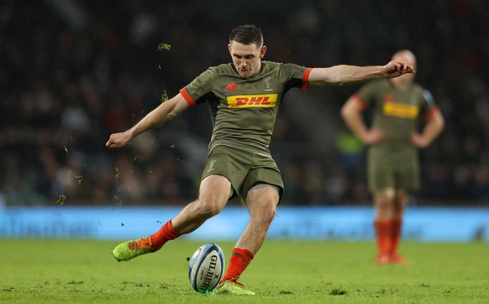 Will Edwards of Harlequins kicks a penalty during the Gallagher Premiership Rugby match between Harlequins and Northampton Saints at Twickenham Stadium on December 27, 2021 in London, England - Getty Images Europe 