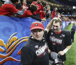 Georgia head coach Kriby Smart and quarterback Jake Fromm celebrate the team's 26-14 victory over Baylor in the Sugar Bowl NCAA college football game Wednesday, Jan. 1, 2020, in New Orleans. (Curtis Compton/Atlanta Journal-Constitution via AP)