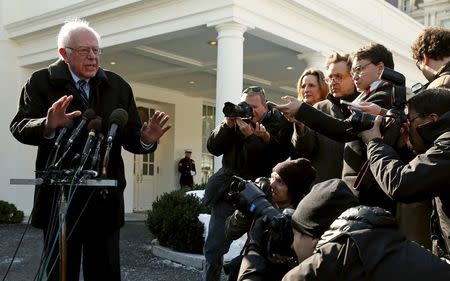 U.S. Democratic presidential candidate Bernie Sanders speaks to reporters at the White House after his meeting with U.S. President Barack Obama in Washington January 27, 2016. REUTERS/Kevin Lamarque