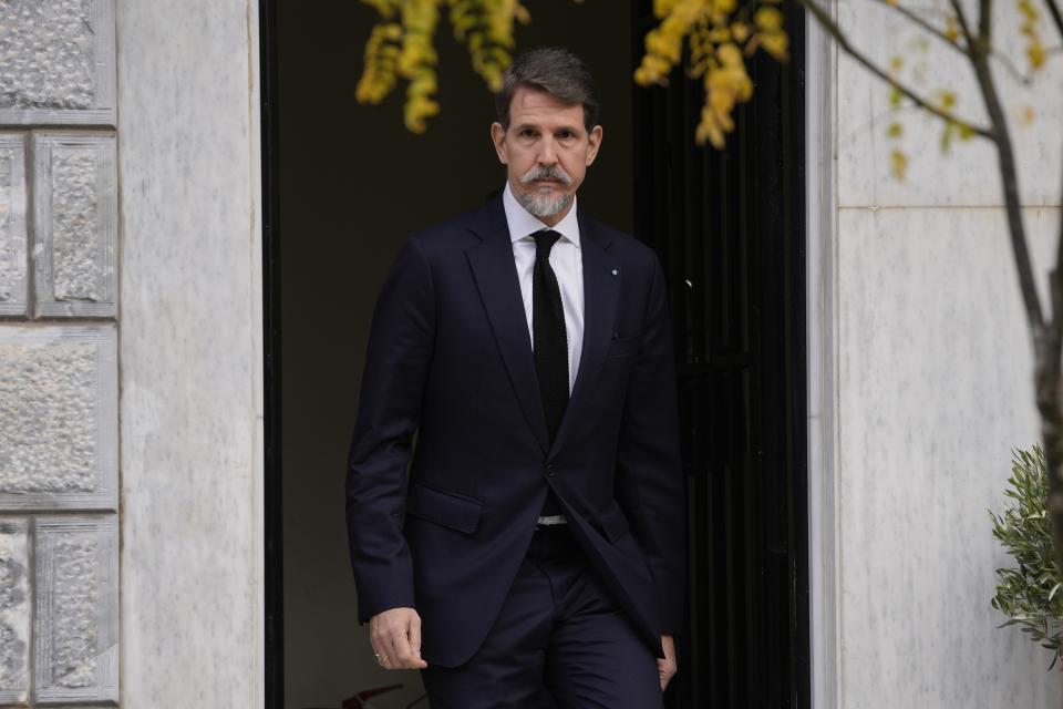 The son of former King Constantine of Greece, Pavlos leaves Maximos Mansion, the prime minister's office, in Athens, Greece, Wednesday, Jan. 11, 2023. Greece's government says Constantine, the former and last king of Greece, will be buried as a private citizen in Tatoi, the former summer residence of Greece's royals where his parents and ancestors are buried. A controversial figure in Greek history, Constantine died in hospital late Tuesday at the age of 82. (AP Photo/Thanassis Stavrakis)
