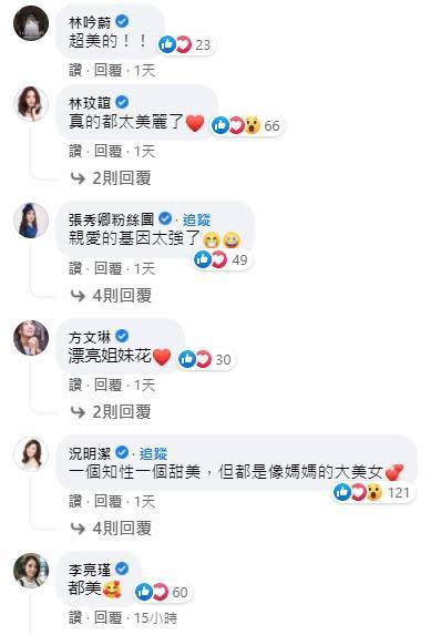 一票女明星爭相讚美王彩樺2個女兒的美貌。（翻攝自王彩樺-台灣濱崎步臉書）