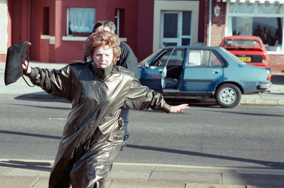 The cast of 'Coronation Street' filming scenes for death of Alan Bradley storyline in Blackpool. Barbara Knox and Mark Eden. 30th October 1989. (Photo by Andrew Stenning/Mirrorpix/Getty Images)