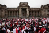 Supporters of Peru's presidential candidate Keiko Fujimori gather outside the Palace of Justice, the seat of Peru's Supreme Court, during a demonstration in Lima