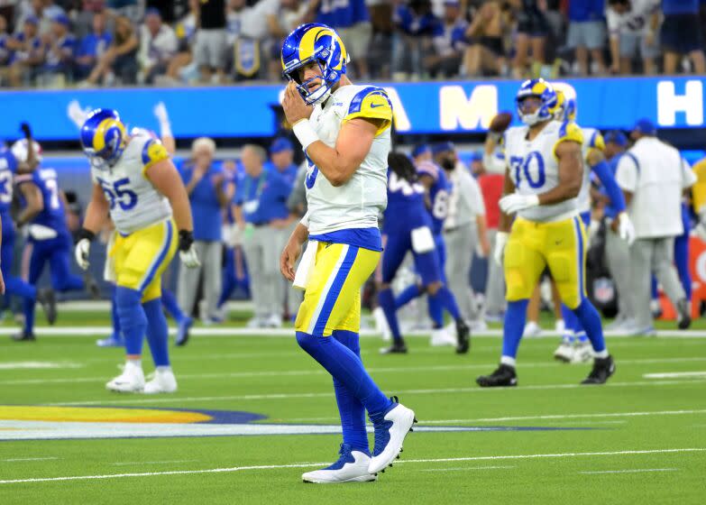 Inglewood, California September 8, 2022-Rams quarterback Matthew Stafford walks off the field.